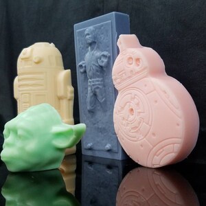 Star Wars inspired gift set. 4 soaps R2D2, Han Solo, BB8, Yoda 5.75oz. Mix of our Triple Butter Shea, Mango, Cocoa and glycerin soaps. image 2