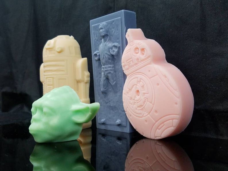 Star Wars inspired gift set. 4 soaps R2D2, Han Solo, BB8, Yoda 5.75oz. Mix of our Triple Butter Shea, Mango, Cocoa and glycerin soaps. image 2