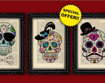 Day of the Death Sugar Skull Art Print, Pack Gift Poster Dorm Room, Dia de los Muertos Artwork Wall Poster Dictionary Retro Art (13)