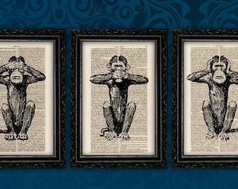 Three Wise Monkeys Set Bundle See No Evil Hear No Evil Speak No Evil Dictionary Art Print Macaques Chimpanzee Buddhist (35-Nº6)