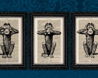 Three Wise Monkeys Art Print On Vintage Book Page - See/Hear/Speak No Evil - Altered Art
