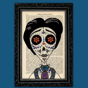 May include: A black and white illustration of a skeleton with a sugar skull face. The skull has orange, blue, and purple flowers and hearts. The skeleton is wearing a black suit with a blue bow tie and a white shirt. The background is a vintage book page.