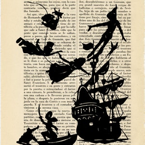 Peter Pan and Kids Flying Ship Silhouette Art Print Hook Book Poster ...