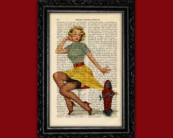 Cute Pin Up Girl with Robot Art Print Vintage Burlesque Pinup Book Art Poster Dorm Room Print Gift Wall Decor Poster Dictionary Art (42)