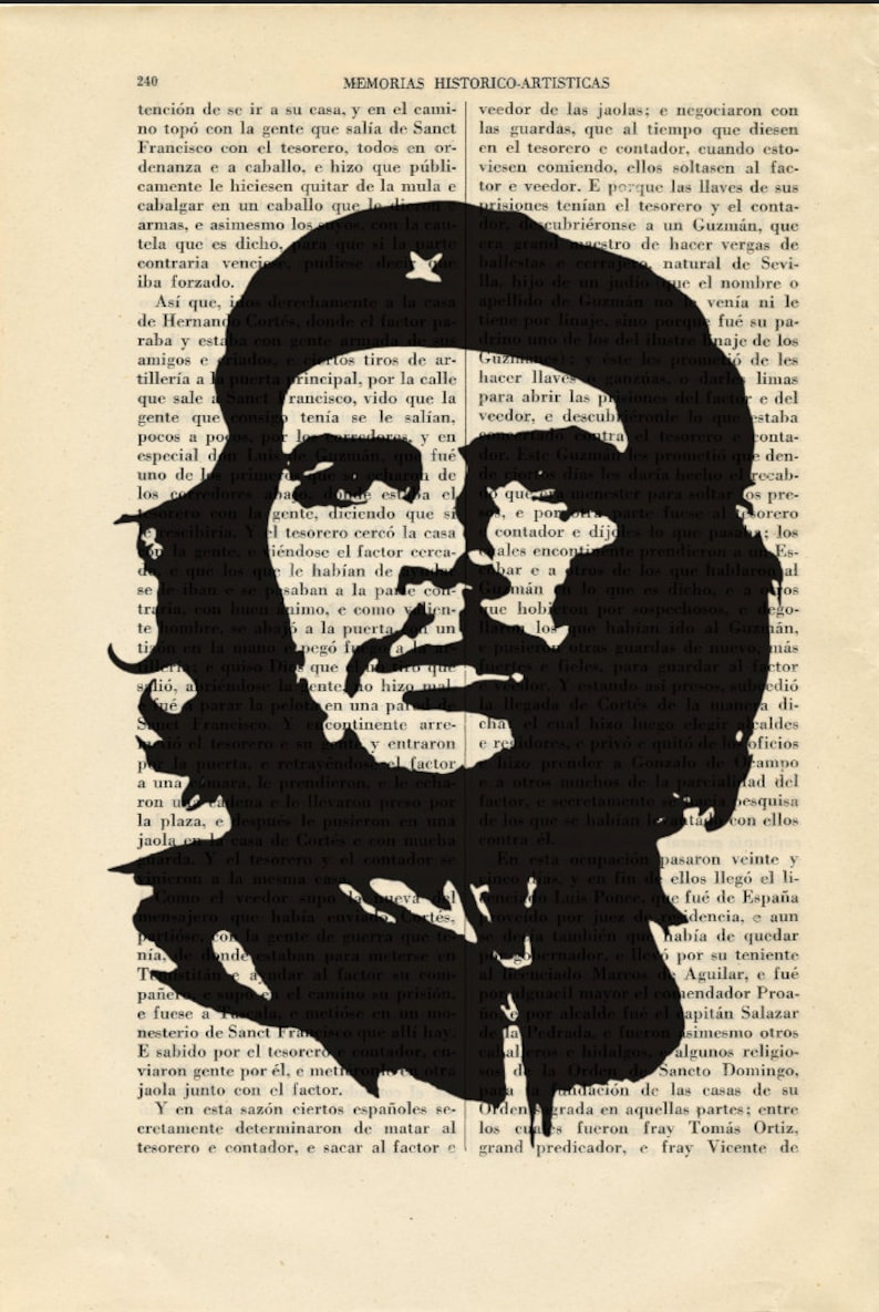May include: Black and white illustration of a man's face with text from a book about the history of art. The text describes a historical event involving a man named Guzman.