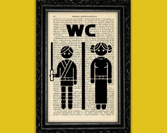 May include: Black and white silhouette of a Star Wars character holding a lightsaber and a Star Wars character with a bun on their head. The silhouettes are on a white background with black text that reads "WC".