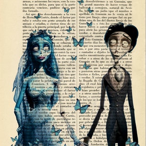 May include: A vintage illustration of a bride and groom with blue butterflies. The bride is wearing a white dress and a blue veil. The groom is wearing a black suit and a white shirt. The text in the image reads "MEMORIAS HISTORICO-ARTISTICAS".