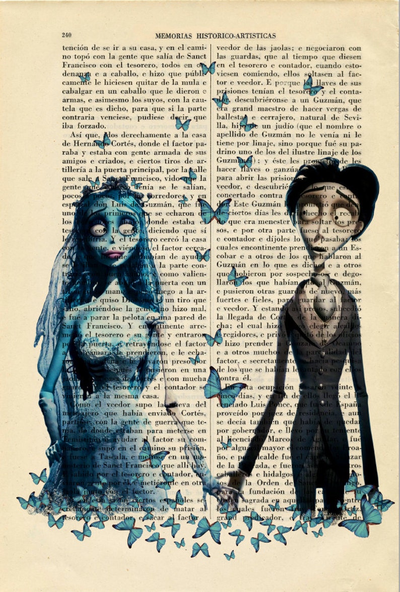 May include: A vintage illustration of a bride and groom with blue butterflies. The bride is wearing a white dress and a blue veil. The groom is wearing a black suit and a white shirt. The text in the image reads "MEMORIAS HISTORICO-ARTISTICAS".