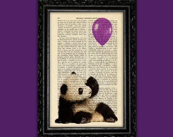 Panda Bear Purple Balloon Print Animal Panda Poster Book Art Dorm Gift Print Wall Decor Poster Dictionary Print Animal Print (6- Nº43)