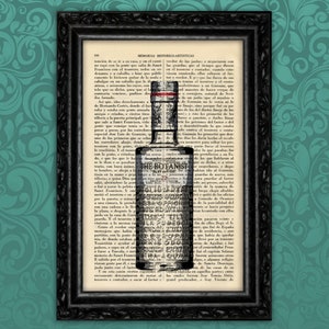 May include: A vintage black and white illustration of a bottle of gin with the text "The Botanist" and "Islay Dry Gin" printed on the label. The bottle is surrounded by text from a book.