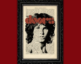 May include: A black and white portrait of a man with long hair, superimposed on a page of text. The word "doors" is printed in red over the man's face.
