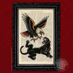 Eagle and Panther Tattoo Print – American Traditional Art on Vintage Dictionary Page – Old School Flash Style Wall Decor (53-Nº5)