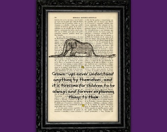 The Little Prince, Elephant in Hat – Book Art Print with Famous Quote on Vintage Dictionary Page perfect for nursery (47-Nº25)