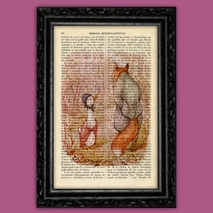May include: A vintage book page with a hand-drawn illustration of a fox and a goose. The fox is brown and orange with a white chest and tail. The goose is white with a red and blue dress. The text on the page is in Spanish.