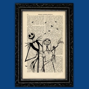 Jack Skellington and Sally Print – Tim Burton Art on Vintage Dictionary Page – Gothic Romantic Wall Decor (24-Nº6)