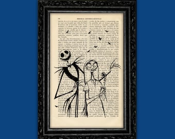 Jack Skellington and Sally Print – Tim Burton Art on Vintage Dictionary Page – Gothic Romantic Wall Decor (24-Nº6)