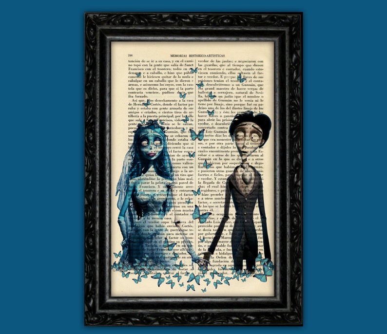May include: A digital illustration of a couple from the movie 'The Corpse Bride' on a vintage book page background. The bride is wearing a white wedding dress with blue accents and the groom is wearing a black suit with a blue heart. Blue butterflies are scattered around the couple.