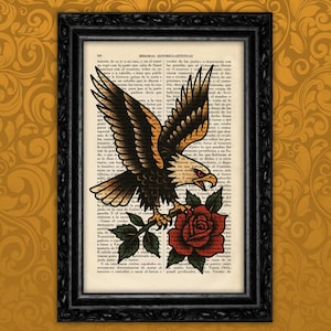 Flying Eagle with Red Rose Tattoo Print – American Traditional Art on Vintage Dictionary Page – Old School Flash Style Wall Decor (53-Nº7)