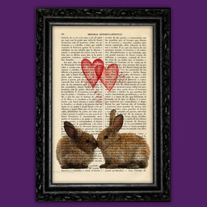 Bunny Love Art Print Animal Mothers Day Cute Rabbits Heart Kiss Poster Valentine Gift Print Wall Decor Poster Dictionary Print (6-Nº45)