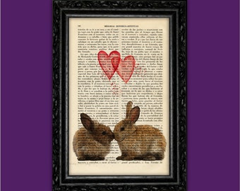 Bunny Love Art Print Animal Mothers Day Cute Rabbits Heart Kiss Poster Valentine Gift Print Wall Decor Poster Dictionary Print (6-Nº45)