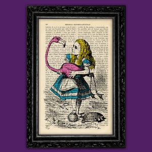 Alice in Wonderland with Flamingo at Cricket Game Art Print Poster Book Art Dorm Room Gift Print Wall Decor Dictionary (4-Nº12)