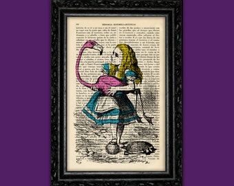 Alice in Wonderland with Flamingo at Cricket Game Art Print Poster Book Art Dorm Room Gift Print Wall Decor Dictionary (4-Nº12)