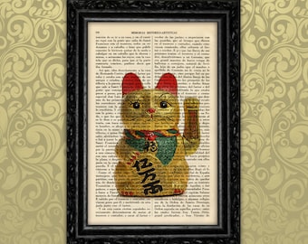 Fortune Cat Lucky Cat Maneki Neko Print Dictionary Print old book page Lucky Cat Talisman Chinese Cat art print poster upcycled prints (36)