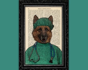 Doctor German Shepherd Dog retro Wall Decor Art, Dotwork Print on Dictionary Page, Gift for Boyfriend Anniversary Gift for Man (6- Nº76)