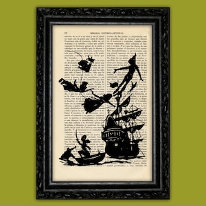 Peter Pan and Kids Flying Ship Silhouette Art Print Hook Book Poster Dorm Room Print Gift Wall Decor Poster Dictionary Print (41-Nº1)