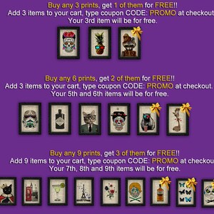 May include: A purple background with three rows of framed prints. Each row has a different offer for buying multiple prints. The first row says "Buy any 3 prints, get 1 of them for FREE!! Add 3 items to your cart, type coupon CODE: PROMO at checkout. Your 3rd item will be for free." The second row says "Buy any 6 prints, get 2 of them for FREE!! Add 3 items to your cart, type coupon CODE: PROMO at checkout. Your 5th and 6th items will be for free." The third row says "Buy any 9 prints, get 3 of them for FREE!! Add 9 items to your cart, type coupon CODE: PROMO at checkout. Your 7th, 8th and 9th items will be for free."