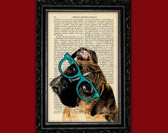 Hipster Dog with cyan Sunglasses Animal Art Print Boxer Dog Poster Book Shades Dorm Room Print Gift Print Poster Dictionary Animal (6-Nº27)