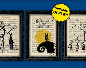 Jack Skellington Prints Tim Burton Book Art Print Pack Cauchemar Avant Noël Livre Art Cadeau Dortoir Imprimer Dictionnaire Mural (24)