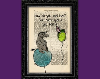 Igor y Piglet - Cita de amor de Winnie the Pooh - Globos voladores sobre una página de diccionario antiguo - Arte de pared para habitación infantil - Decoración para habitación de niños (56-Nº21)