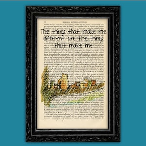 May include: A Winnie the Pooh illustration on a vintage book page. The illustration shows Pooh Bear sitting with a jar of honey and other jars. The text reads "The things that make me different are the things that make me".