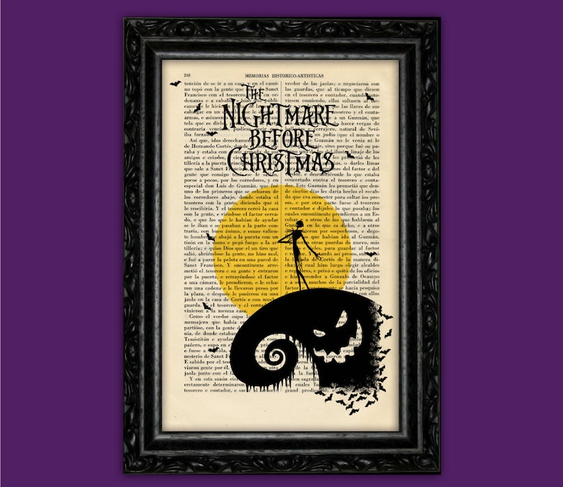 May include: Black and white illustration of Jack Skellington, the Pumpkin King from The Nightmare Before Christmas, standing on a hill with a full moon behind him. The text "The Nightmare Before Christmas" is printed in black on a white background.