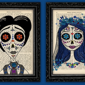 Corpse Bride & Victor Sugar Skull Print – Day of the Dead Style on Vintage Dictionary Page – Pop Culture Wall Art (13)