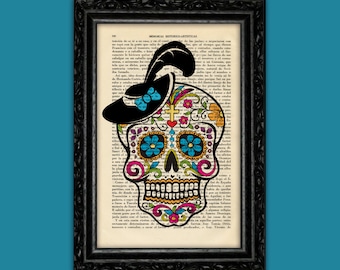 Day of the Death La Catrina Sugar Skull Hat Print Dia de los Muertos Poster Dorm Room Print Gift Print Wall Poster Dictionary Retro (13-Nº2)