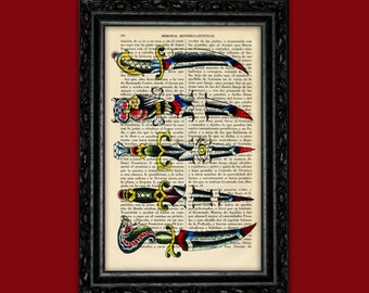 May include: A vintage book page with a colorful illustration of several daggers, swords, and knives. The illustration is in a traditional tattoo style with red, yellow, blue, and green colors. The text on the page is in Spanish.