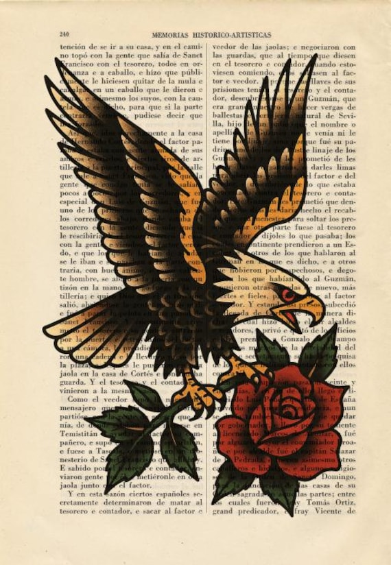 レア！60s〜70s アメリカアンティーク鷲イーグル油彩絵画　USAヴィンテージ Flying Eagle With Red Rose Tattoo Print – American Traditional Art