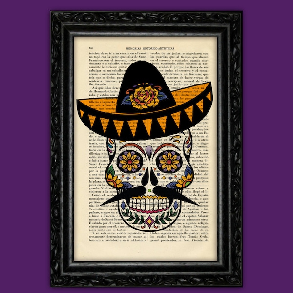 Dödens dag Sockerskalle Mexikansk hatt Tryck Dia de los Muertos Poster Studentrum Tryck Presenttryck Väggtryck Catrina Dictionary Retro (13-Nº7)