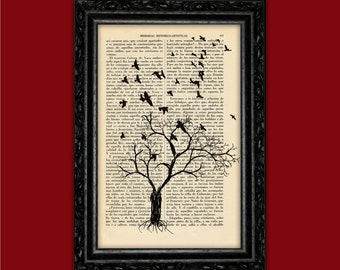 Winter Tree with Flying Birds Art Print Silhouettes Poster Dorm Room Print Gift Print Wall Decor Poster Dictionary Print Landscape Art (7)
