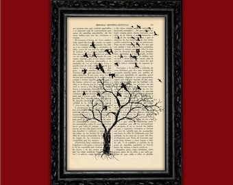 Winter Baum mit fliegenden Vögeln Kunstdruck Silhouetten Poster Schlafsaal Druck GeschenkDruck Wanddekoration Poster Wörterbuch Druck Landschaft Kunst (7)