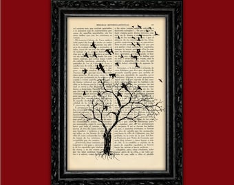 Winter Tree with Flying Birds Art Print Silhouettes Poster Dorm Room Print Gift Print Wall Decor Poster Dictionary Print Landscape Art (7)