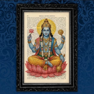 Lámina del dios hindú Vishnu – Arte de diccionario vintage – Decoración de pared tradicional india – Póster espiritual – Regalo para sala de meditación de yoga (18-6 años)