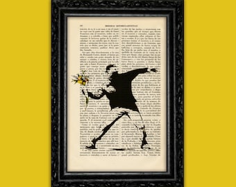 Flower Thrower Art Print Banksy Street Art Stencils Graffiti Wall Decor Poster Dictionary Animal Poster Book Art Dorm Room Print (9-Nº3)