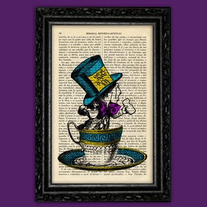Mad Hatter inside cup of tea Art Print Alice in Wonderland Vintage Poster Book Art  Gift Print Wall Decor Poster Dictionary Art (4-Nº19)