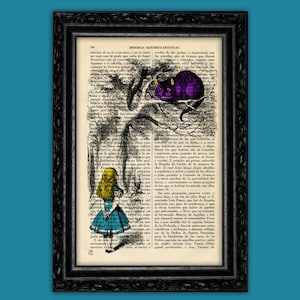 Cheshire Cat and Alice Book Art Print Alice in Wonderland Upcycled Poster Book Art Dorm Room Gift Print Wall Decor Dictionary (4-Nº17)
