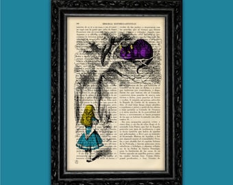 Cheshire Cat and Alice Book Art Print Alice in Wonderland Upcycled Poster Book Art Dorm Room Gift Print Wall Decor Dictionary (4-Nº17)