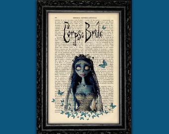 Corpse Bride Art Print – Romantic Gothic Illustration on Vintage Dictionary Page – Pop Culture Wall Decor (24-Nº9)