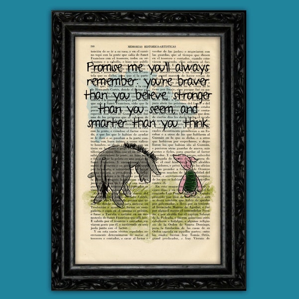 Eeyore & Piglet Quote Print - Winnie the Pooh Wall Art - Braver Stronger Smarter Poster - Kids Room Decor - Vintage Dictionary Page (56-N1)